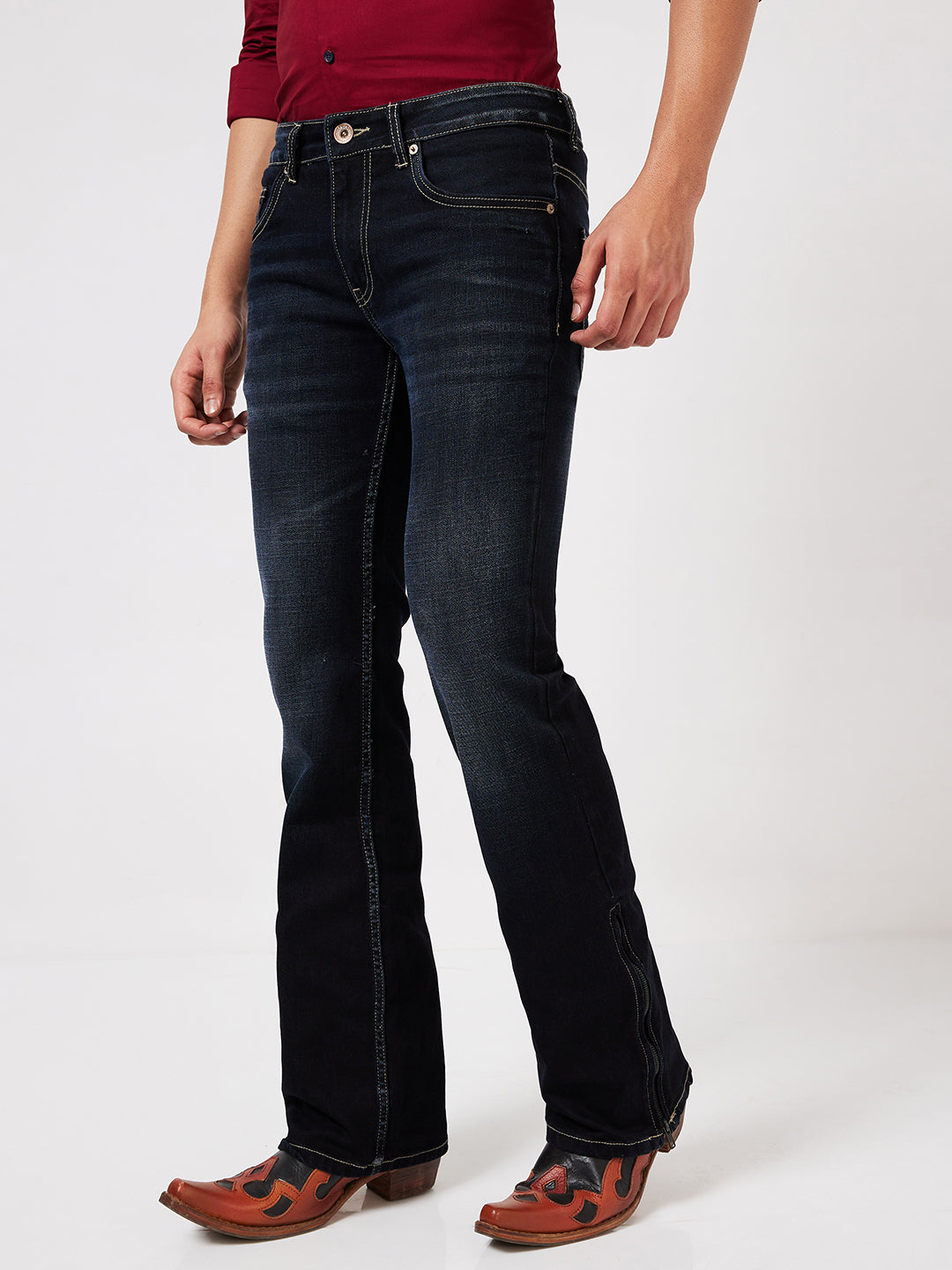 Deep Indigo Blue Bootcut Jeans with Zipper Bottom – Modern Style Meets Classic Comfort