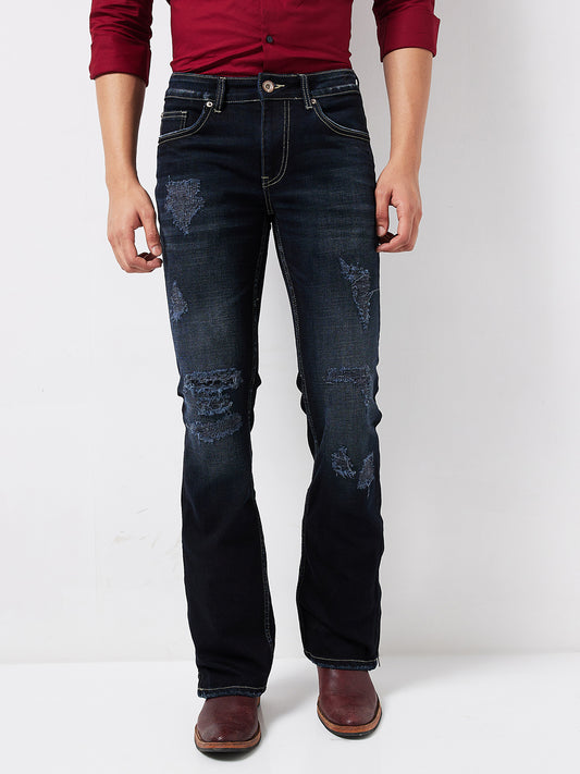 Deep Indigo Blue Bootcut Jeans with Zipper Bottom and  Distress – Bold Style with a Modern Edge