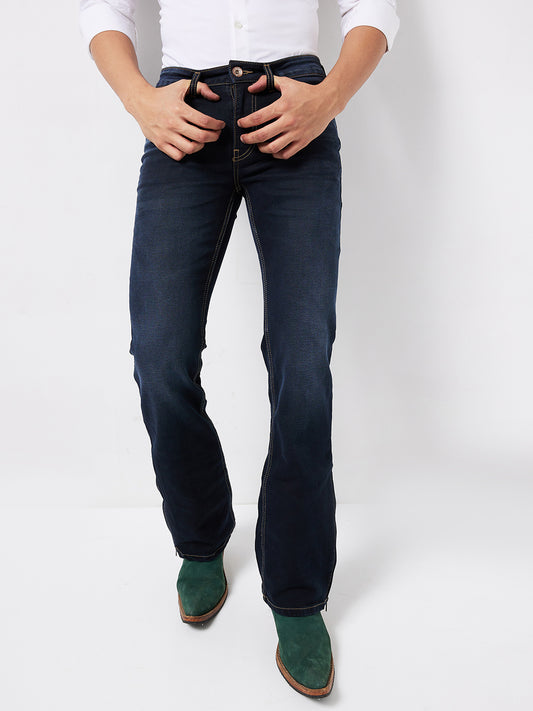 Deep Vintage Blue Indigo Bootcut Jeans with Zipper Bottom and Fade – Classic Meets Contemporary