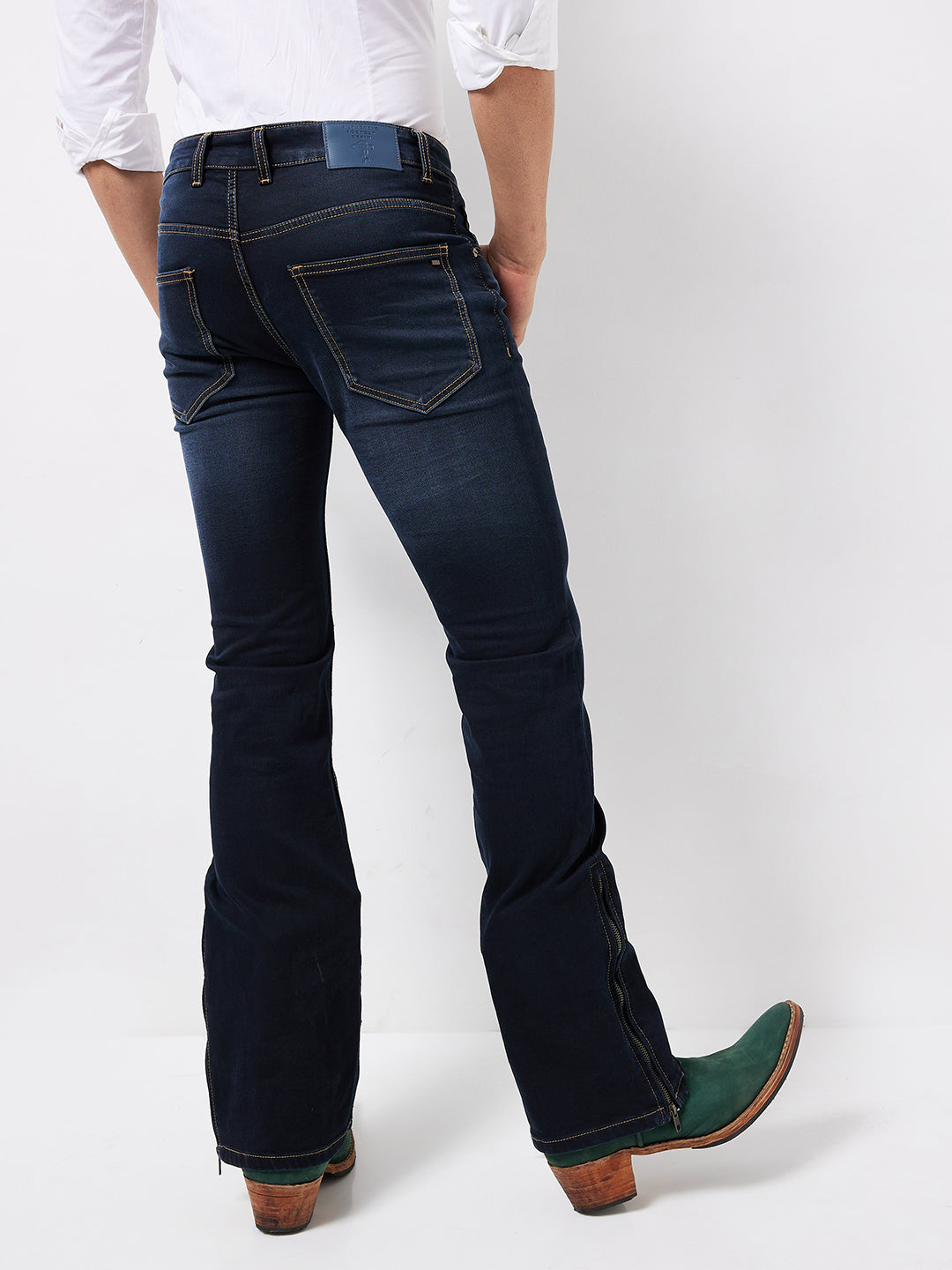 Deep Vintage Blue Indigo Bootcut Jeans with Zipper Bottom and Fade – Classic Meets Contemporary