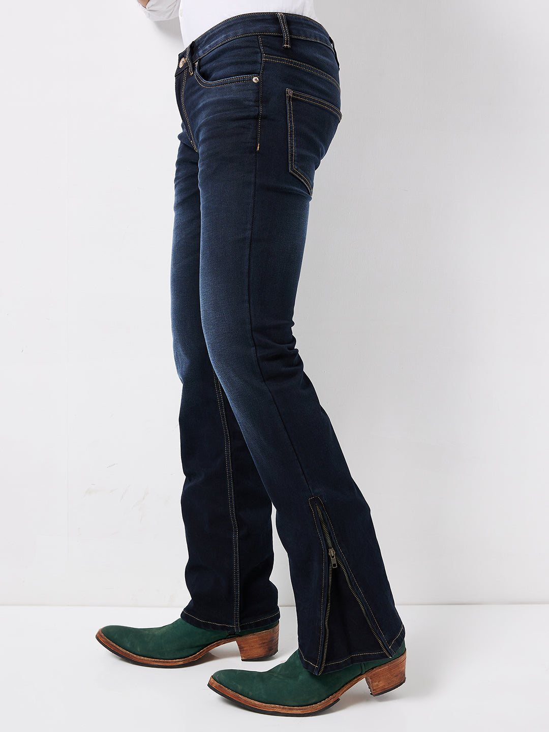 Deep Vintage Blue Indigo Bootcut Jeans with Zipper Bottom and Fade – Classic Meets Contemporary