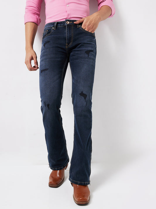 Midnight Indigo Distress Bootcut Jeans with Zipper Bottom – Classic Meets Modern Sophistication