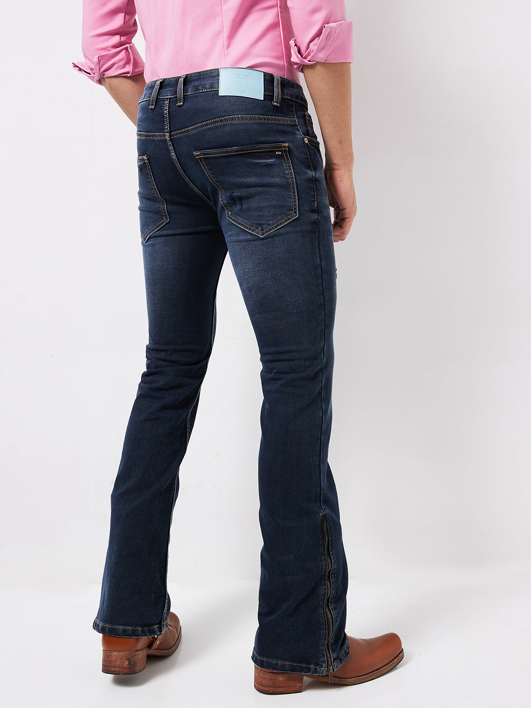 Midnight Indigo Distress Bootcut Jeans with Zipper Bottom – Classic Meets Modern Sophistication