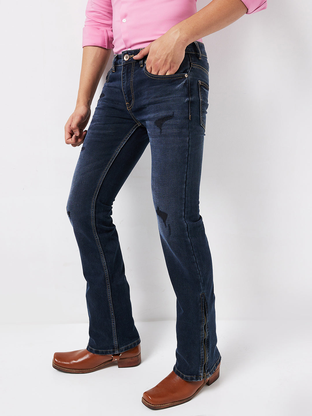 Midnight Indigo Distress Bootcut Jeans with Zipper Bottom – Classic Meets Modern Sophistication