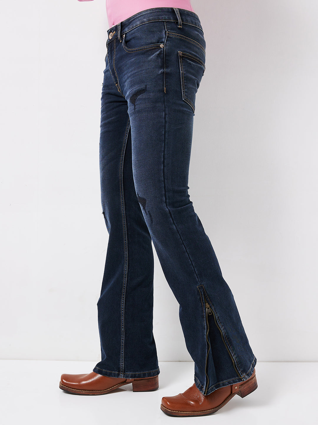 Midnight Indigo Distress Bootcut Jeans with Zipper Bottom – Classic Meets Modern Sophistication