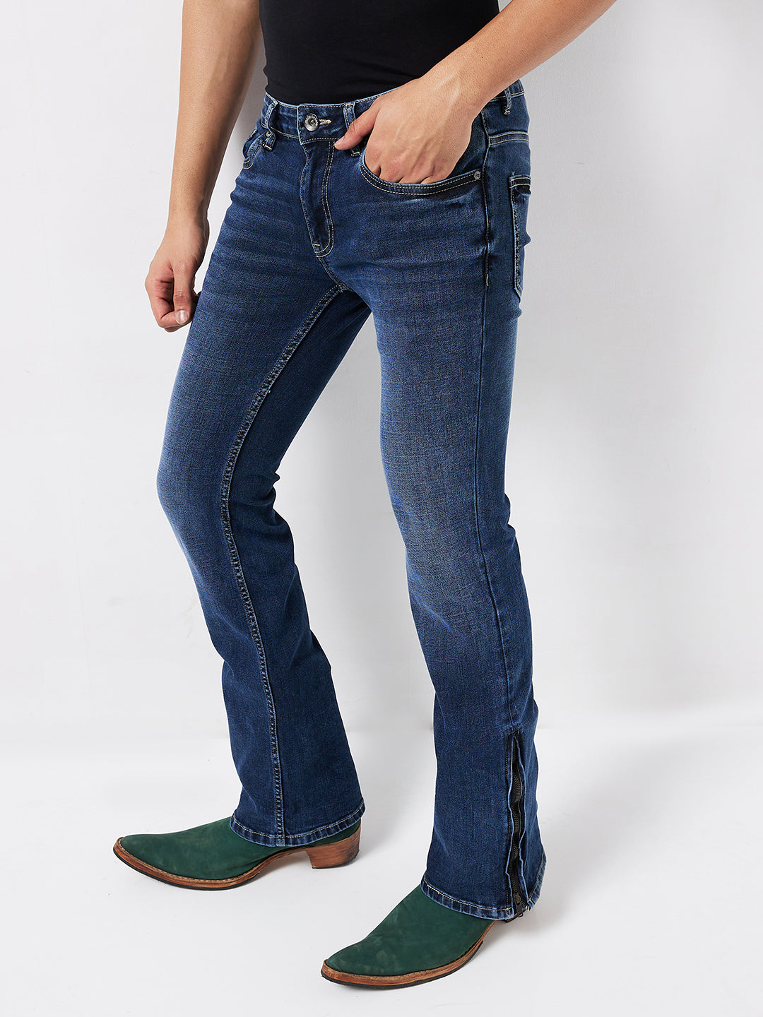 Cerulean Blue Bootcut Jeans with Zipper Bottom – Classic Design with a Contemporary Twist