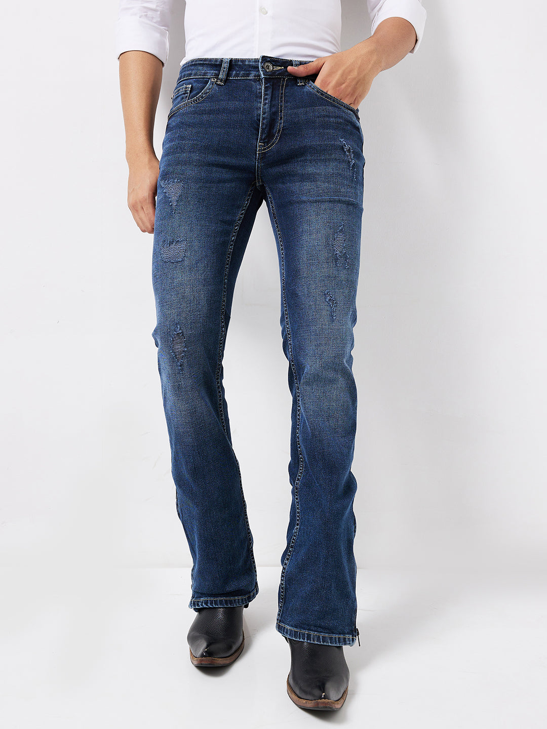 Cerulean Blue Distressed Bootcut Jeans with Zipper Bottom – A Fusion of Vintage Charm and Modern Edge