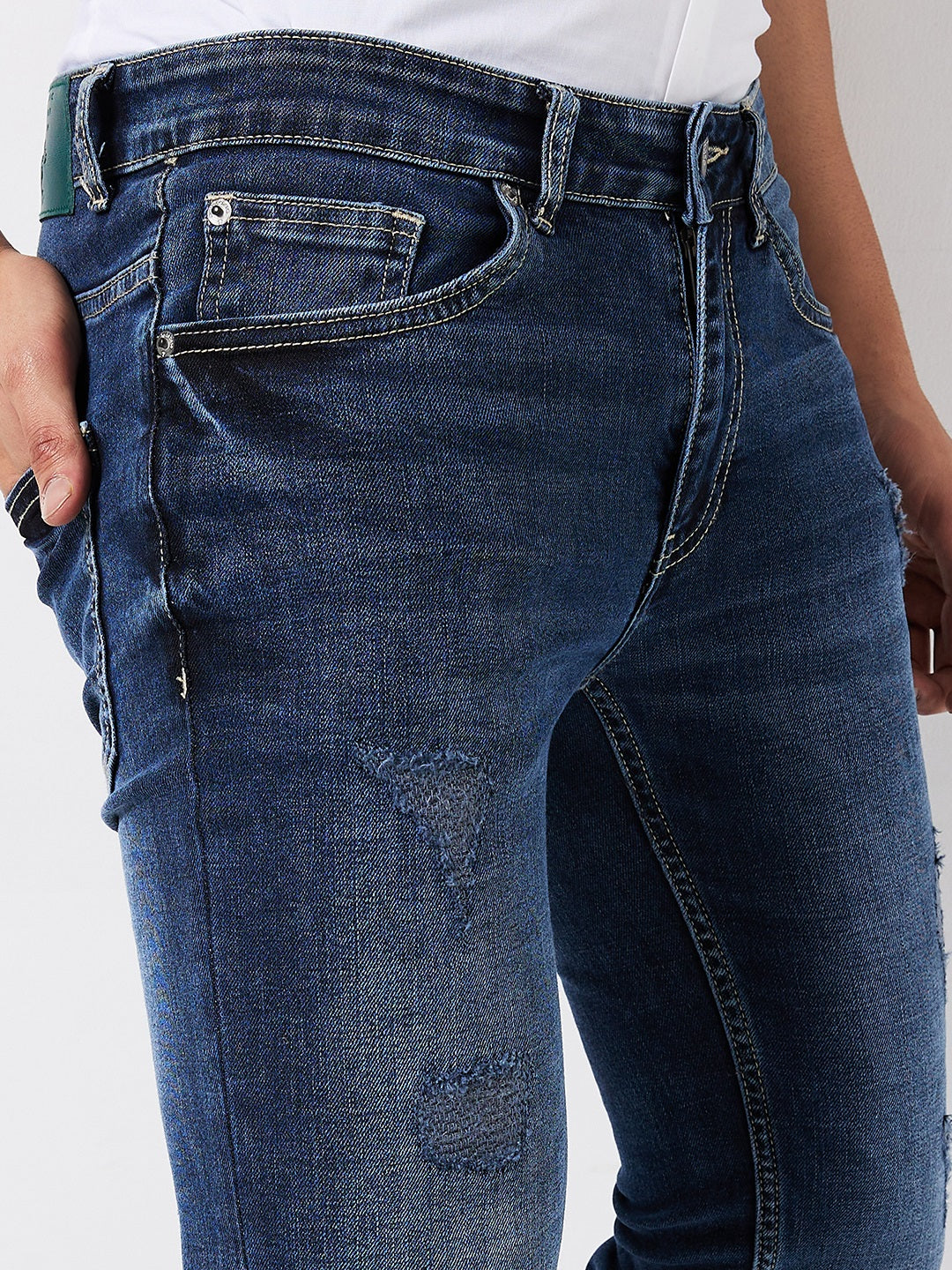 Cerulean Blue Distressed Bootcut Jeans with Zipper Bottom – A Fusion of Vintage Charm and Modern Edge