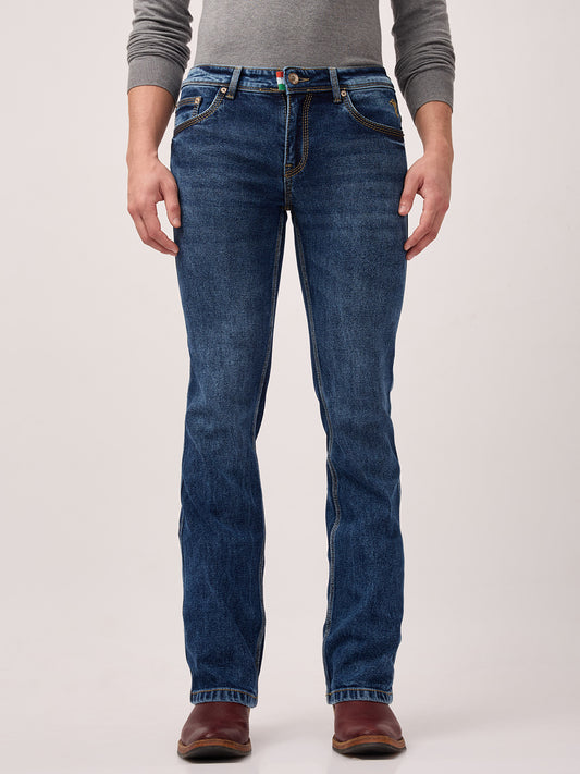 Men's Deep Indigo Bootcut Jeans – Low Rise, Contrast Stitch, Sculpt Fit