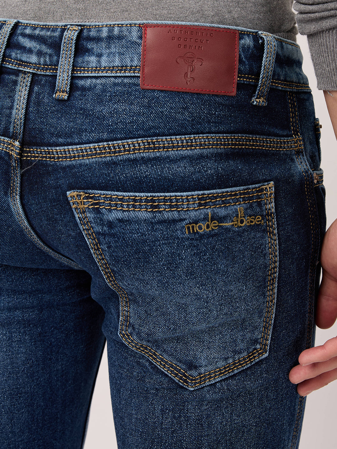 Men's Deep Indigo Bootcut Jeans – Low Rise, Contrast Stitch, Sculpt Fit