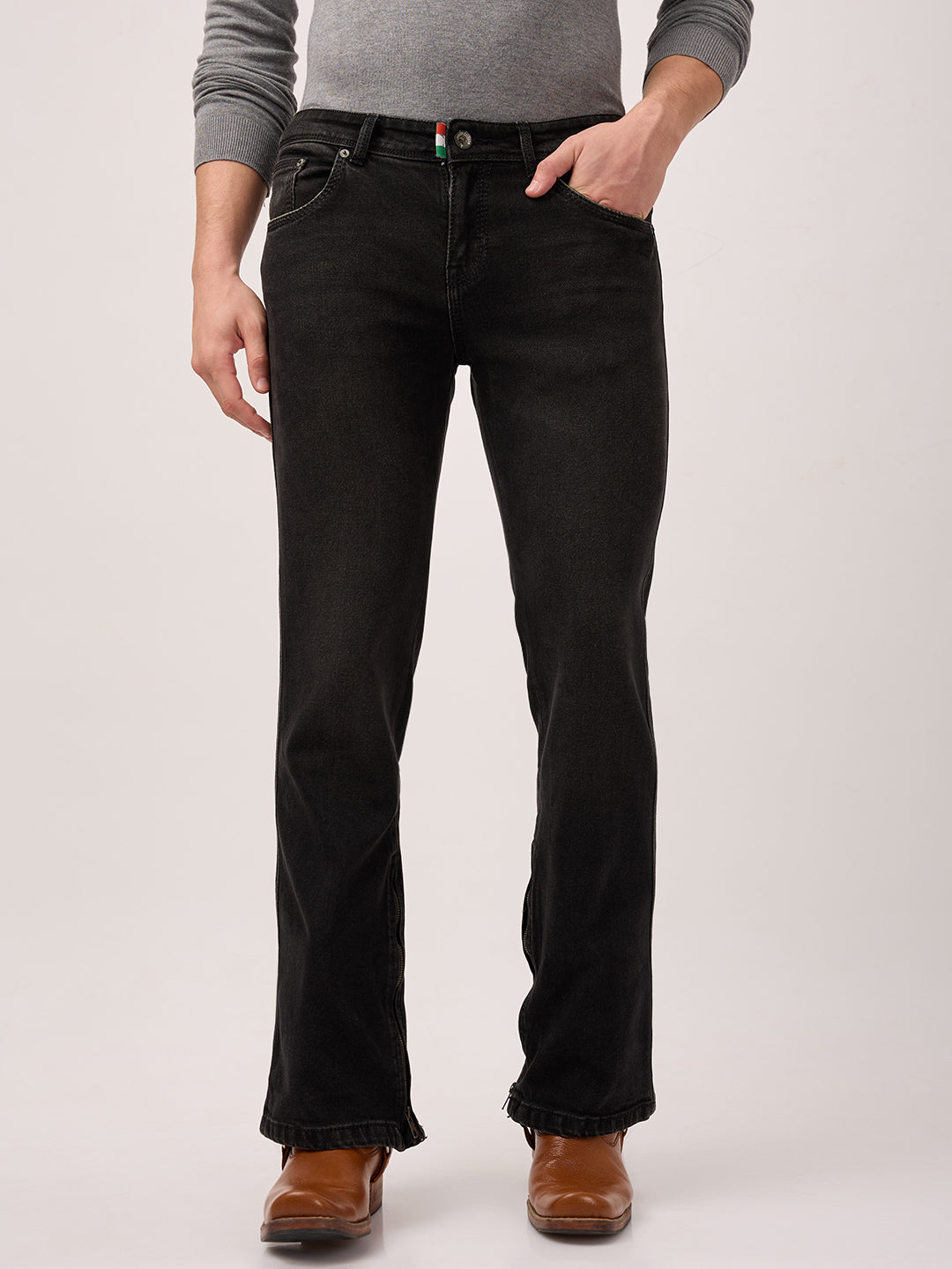 Men’s Bootcut Jeans – Low Rise, Washed Charcoal Black with Bottom Zipper Detail