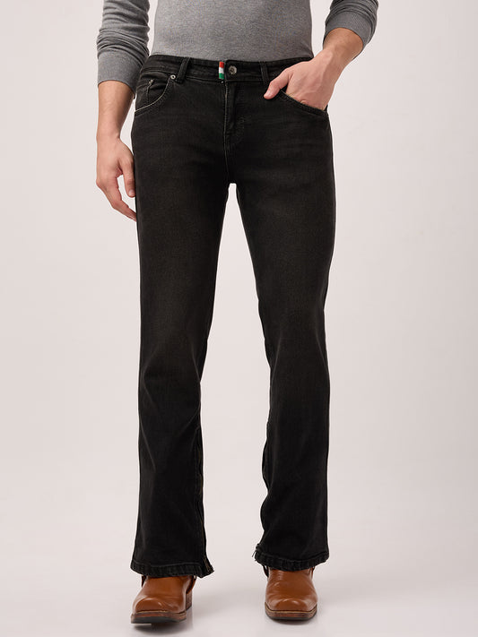 Men’s Bootcut Jeans – Low Rise, Washed Charcoal Black with Bottom Zipper Detail