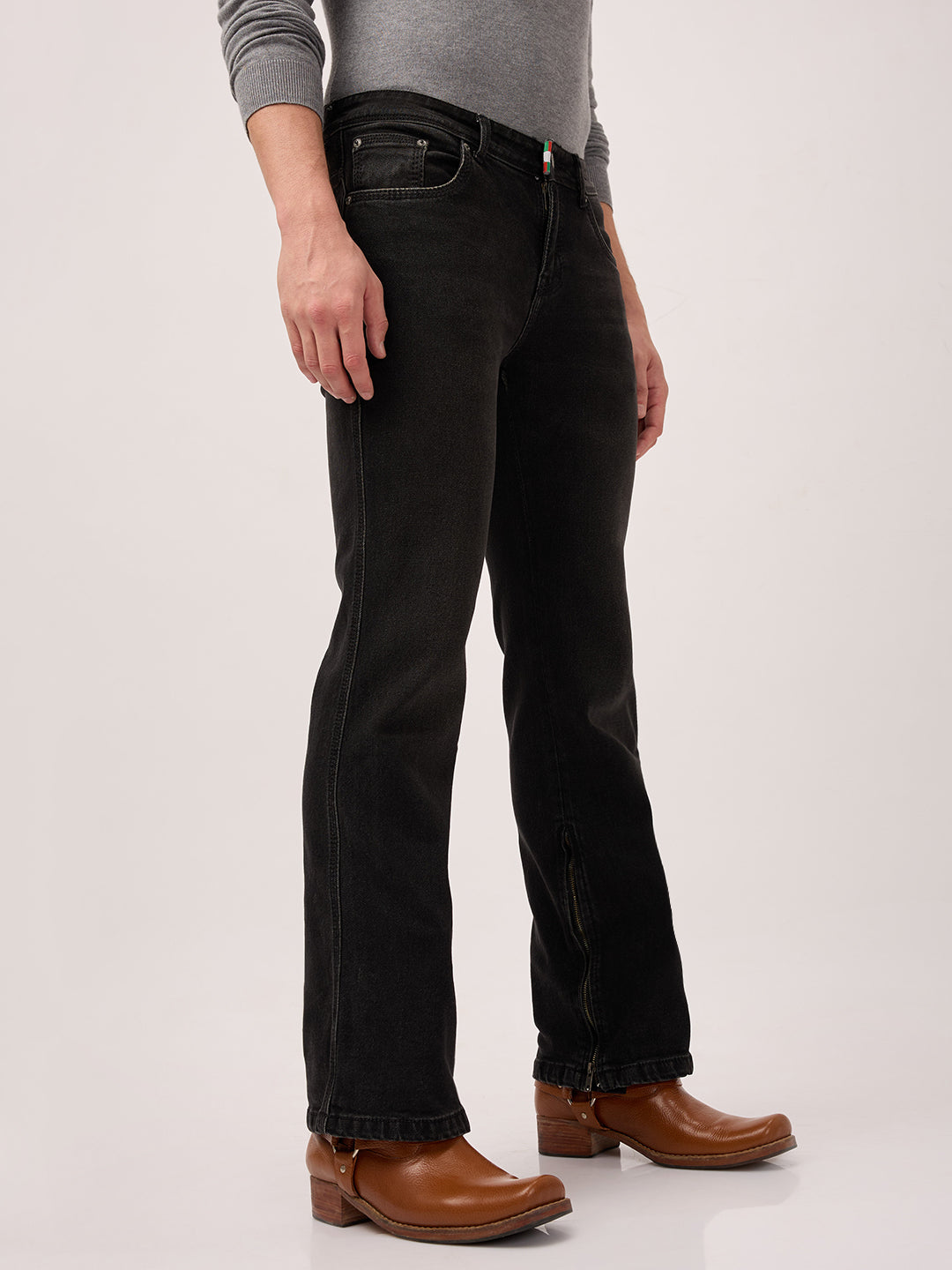 Men’s Bootcut Jeans – Low Rise, Washed Charcoal Black with Bottom Zipper Detail