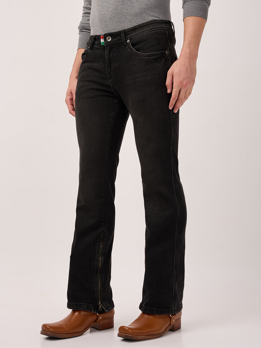 Men’s Bootcut Jeans – Low Rise, Washed Charcoal Black with Bottom Zipper Detail