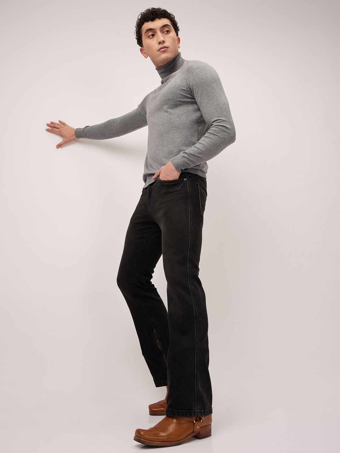 Men’s Bootcut Jeans – Low Rise, Washed Charcoal Black with Bottom Zipper Detail