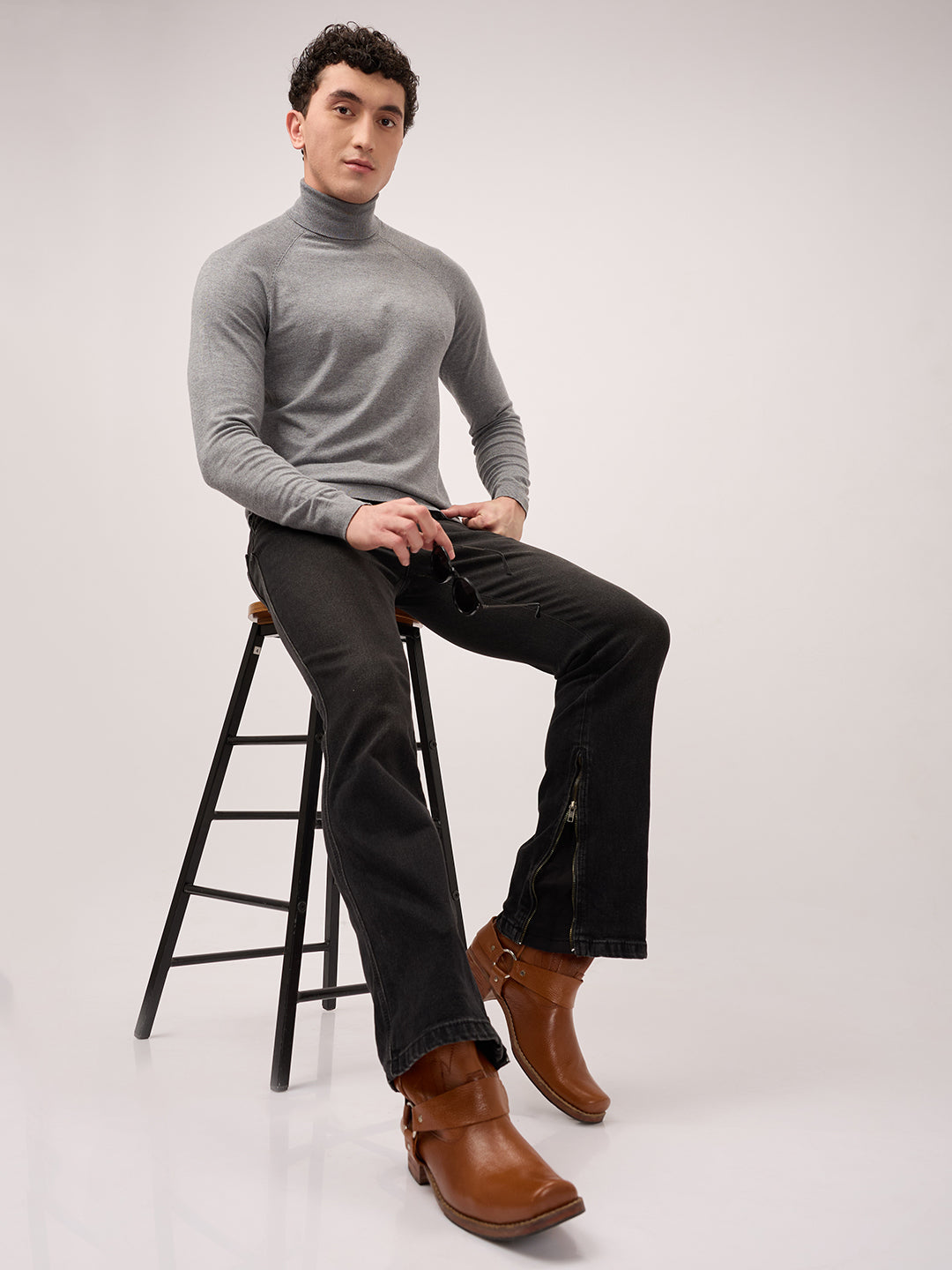 Men’s Bootcut Jeans – Low Rise, Washed Charcoal Black with Bottom Zipper Detail