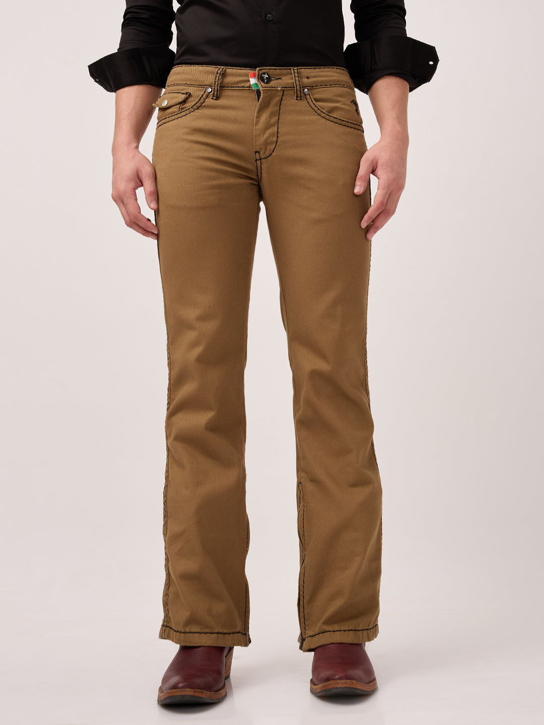 Men’s Low-Rise Bootcut Jeans – Heritage Denim in Burnt Caramel with Bottom Zipper