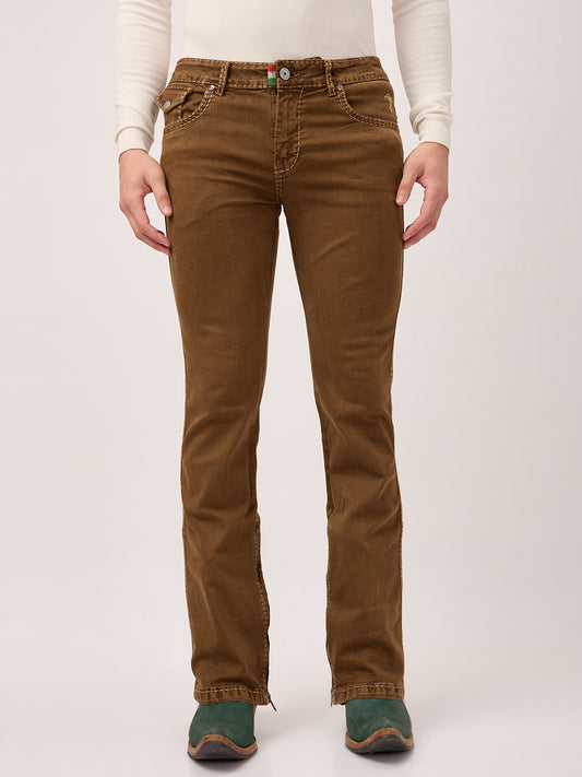 Men's Bootcut Jeans with Zipper Bottom Low Waist – Antique Bronze Brown – Stretch Denim