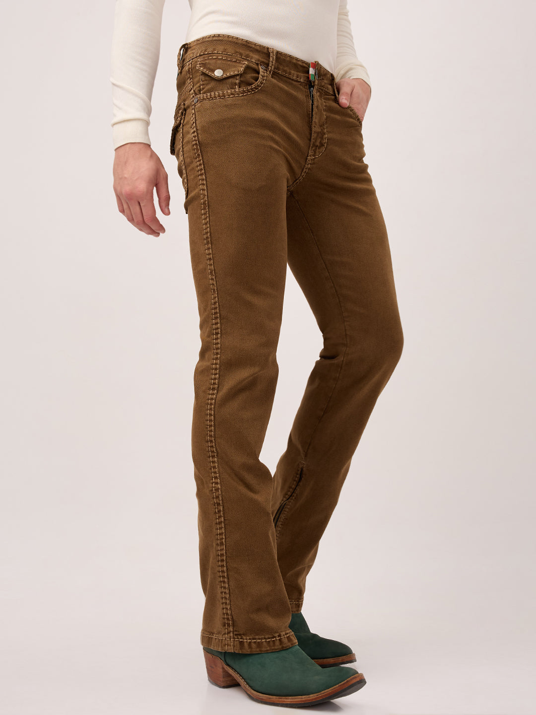 Men's Bootcut Jeans with Zipper Bottom Low Waist – Antique Bronze Brown – Stretch Denim