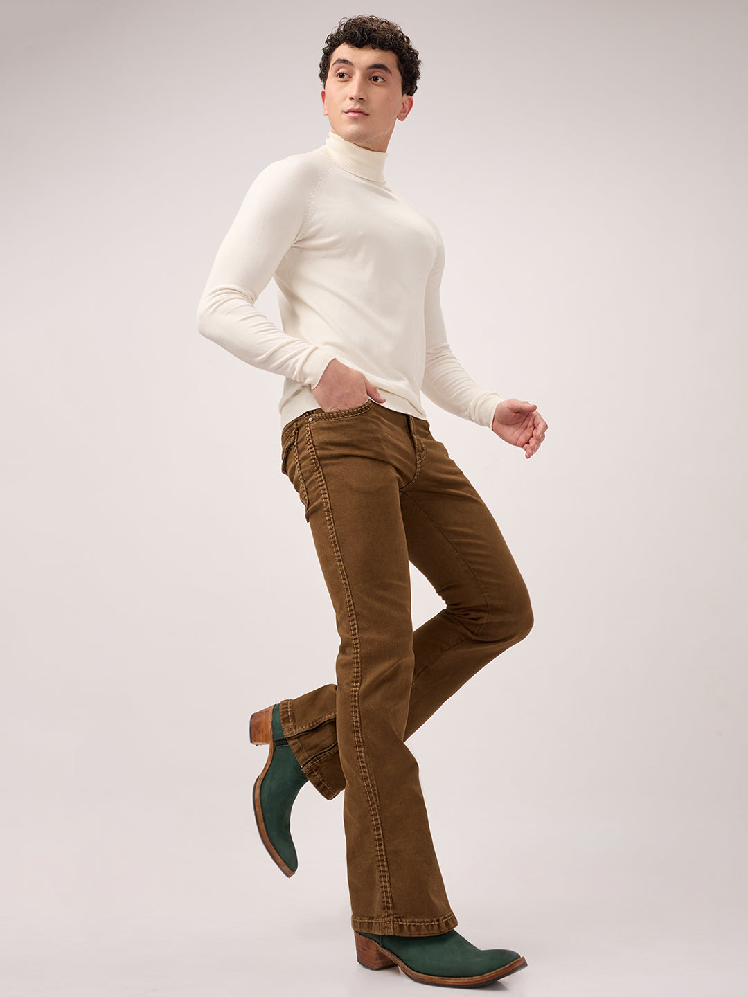 Men's Bootcut Jeans with Zipper Bottom Low Waist – Antique Bronze Brown – Stretch Denim