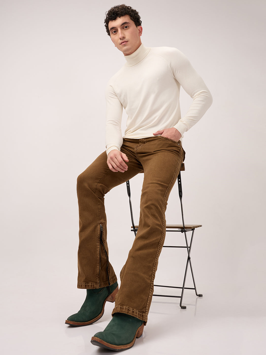 Men's Bootcut Jeans with Zipper Bottom Low Waist – Antique Bronze Brown – Stretch Denim