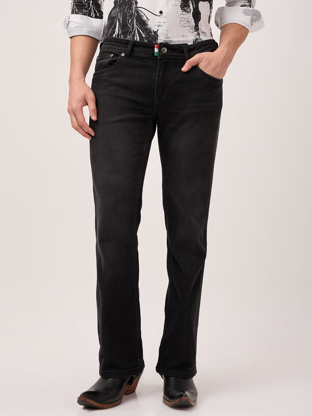 Men’s Boot-cut Jeans Low Waist – Charcoal Fade Black – Clean Wash Stretch Denim