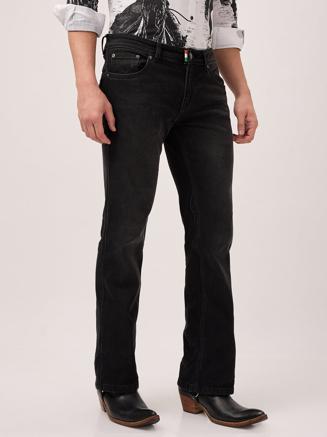 Men’s Boot-cut Jeans Low Waist – Charcoal Fade Black – Clean Wash Stretch Denim