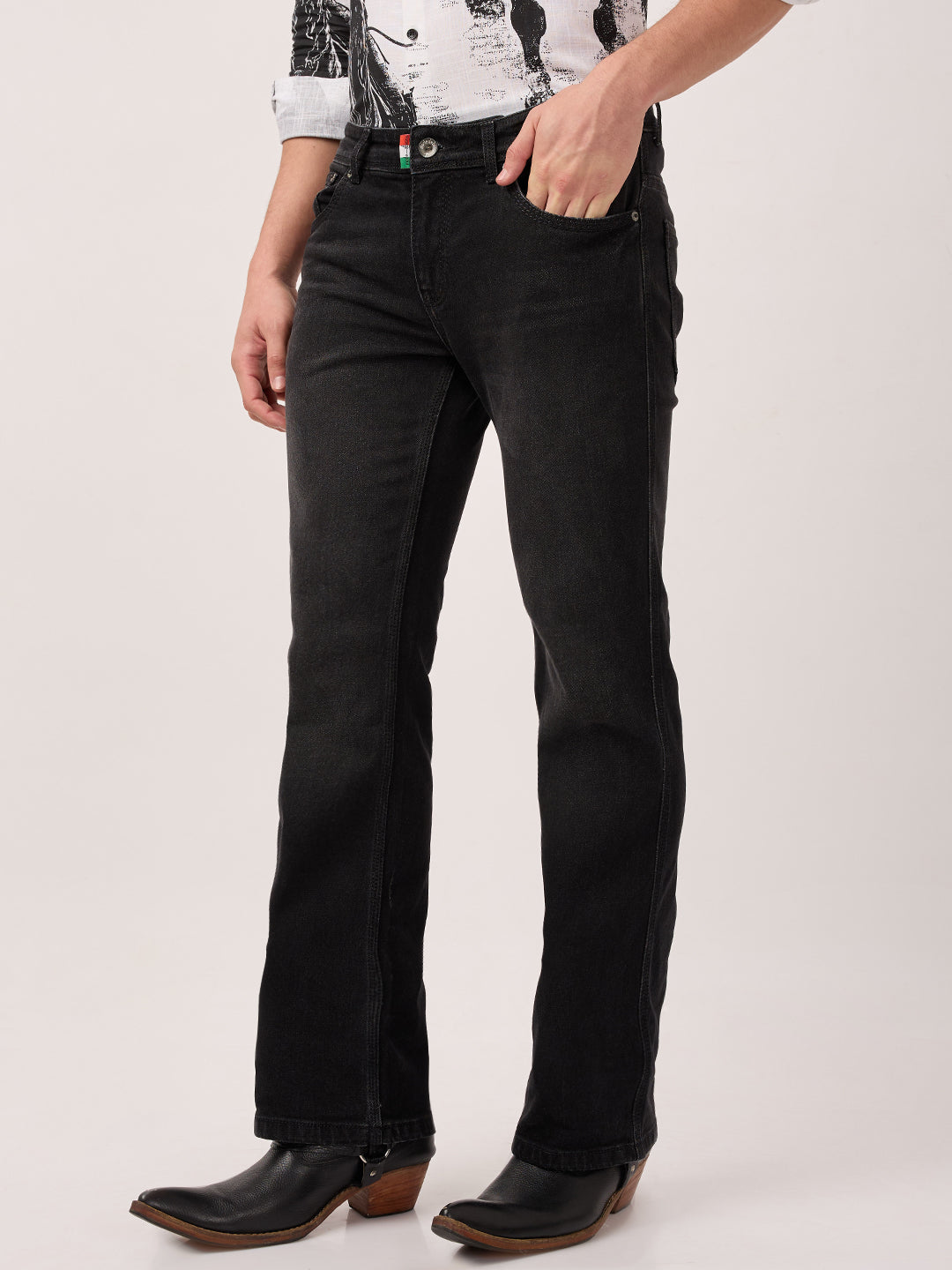 Men’s Boot-cut Jeans Low Waist – Charcoal Fade Black – Clean Wash Stretch Denim
