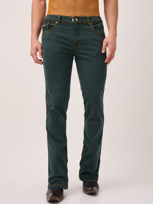 Men’s Deep Pine Bootcut Jeans with Zipper Bottom & Mustard Saddle Stitch