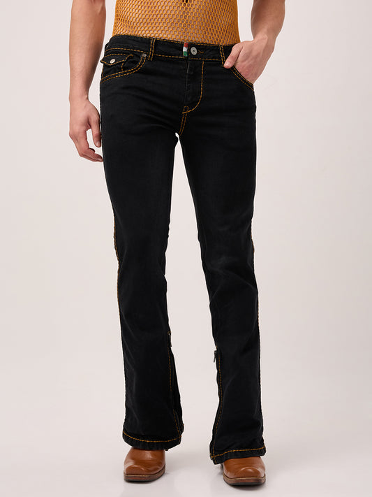 Men’s Bootcut Jeans in Midnight Black – Zipper Hem & Contrast Saddle Stitch