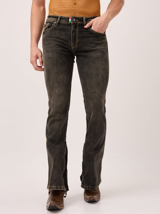 Men’s Bootcut Jeans in Vintage Charcoal – Zippered Leg Opening & Contrast Stitching