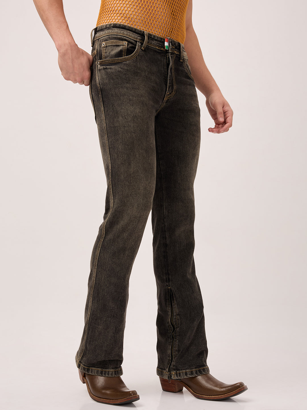Men’s Bootcut Jeans in Vintage Charcoal – Zippered Leg Opening & Contrast Stitching