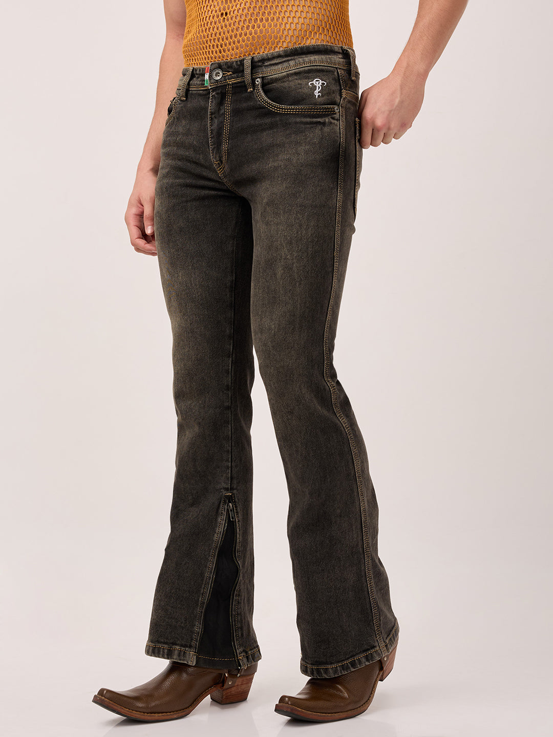 Men’s Bootcut Jeans in Vintage Charcoal – Zippered Leg Opening & Contrast Stitching
