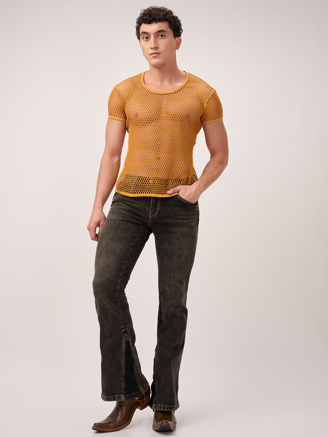 Men’s Bootcut Jeans in Vintage Charcoal – Zippered Leg Opening & Contrast Stitching