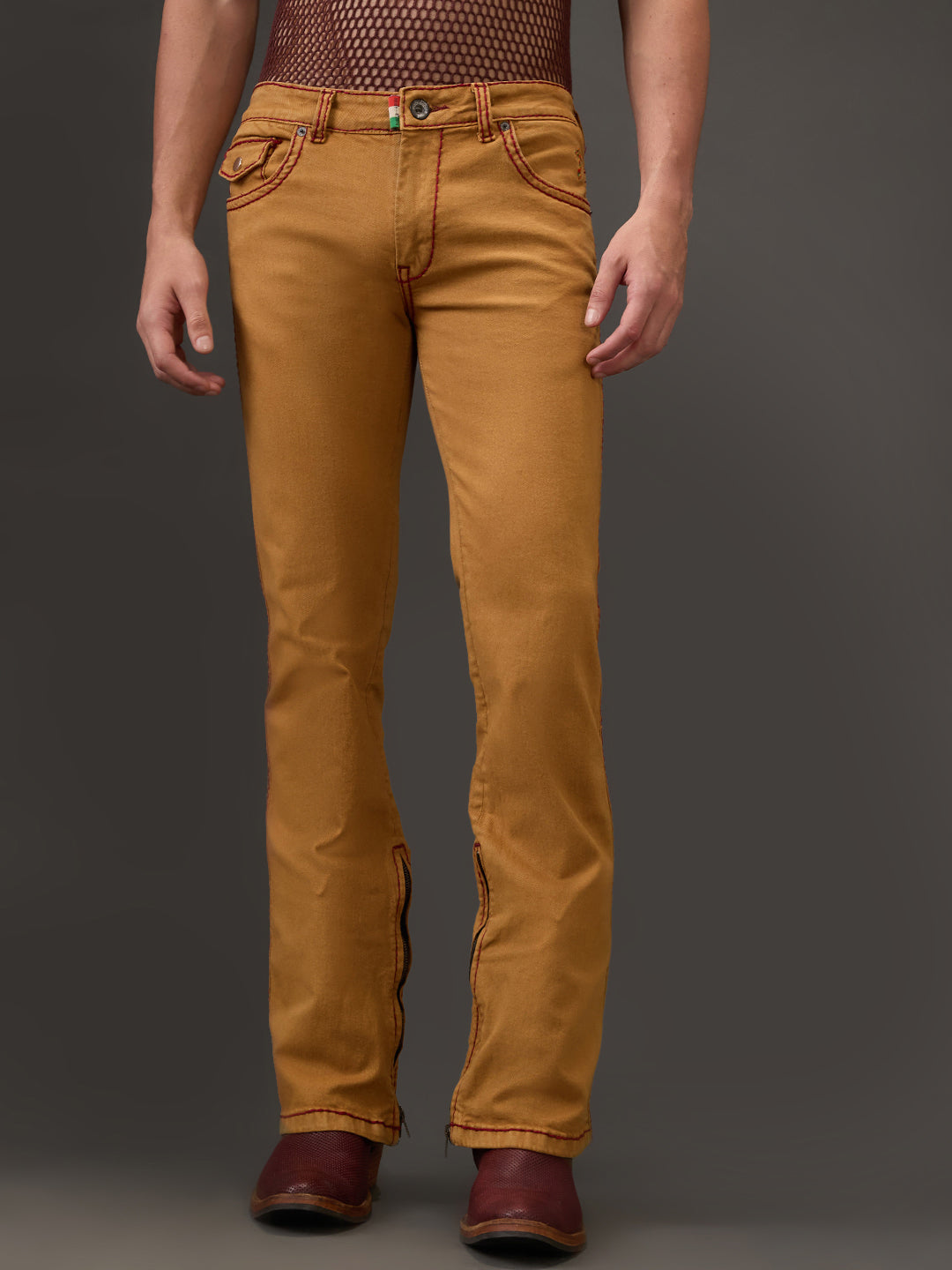 Mustard Bootcut Jeans with Maroon Saddle Stitch & Zipper Bottom