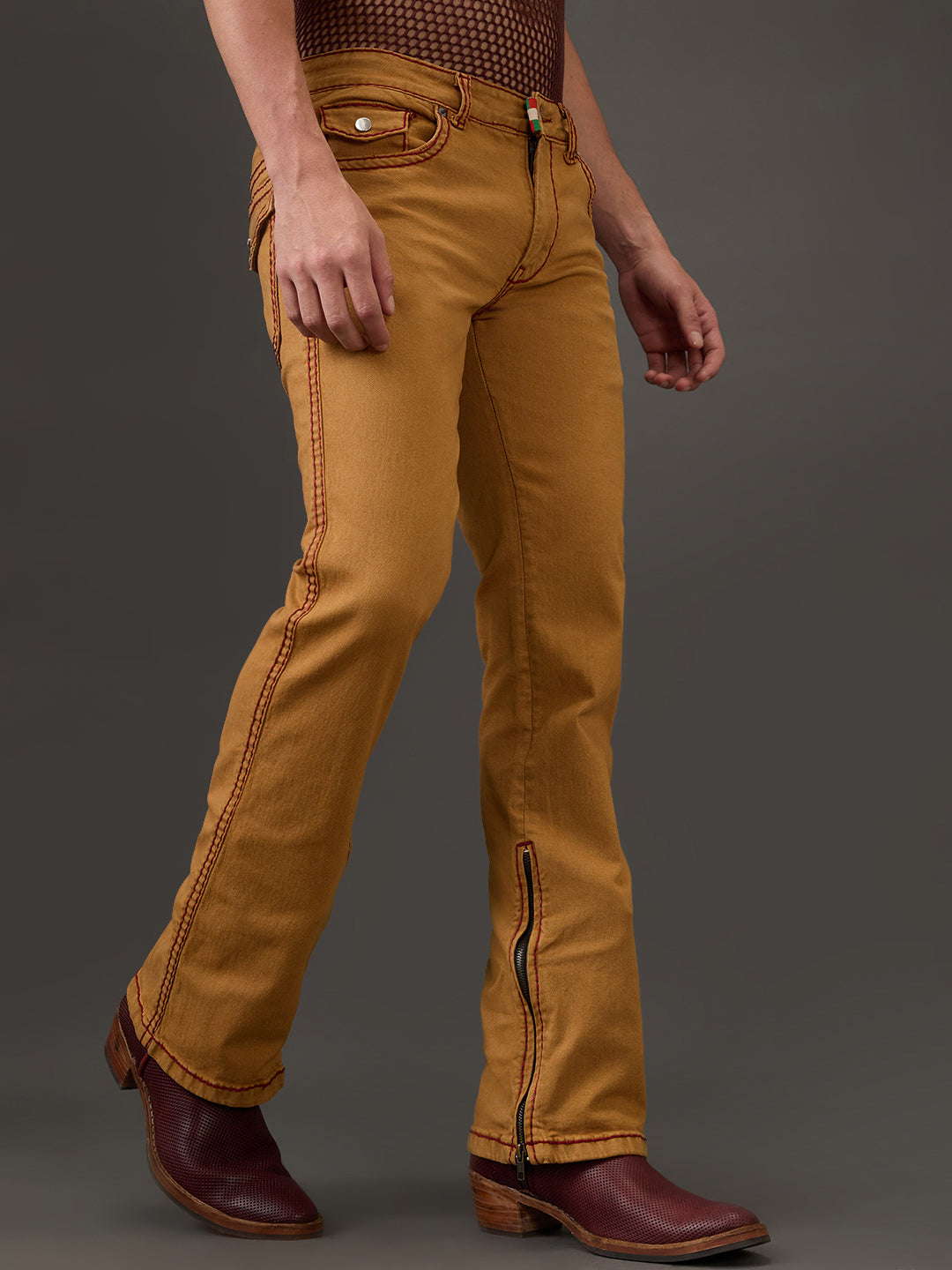 Mustard Bootcut Jeans with Maroon Saddle Stitch & Zipper Bottom