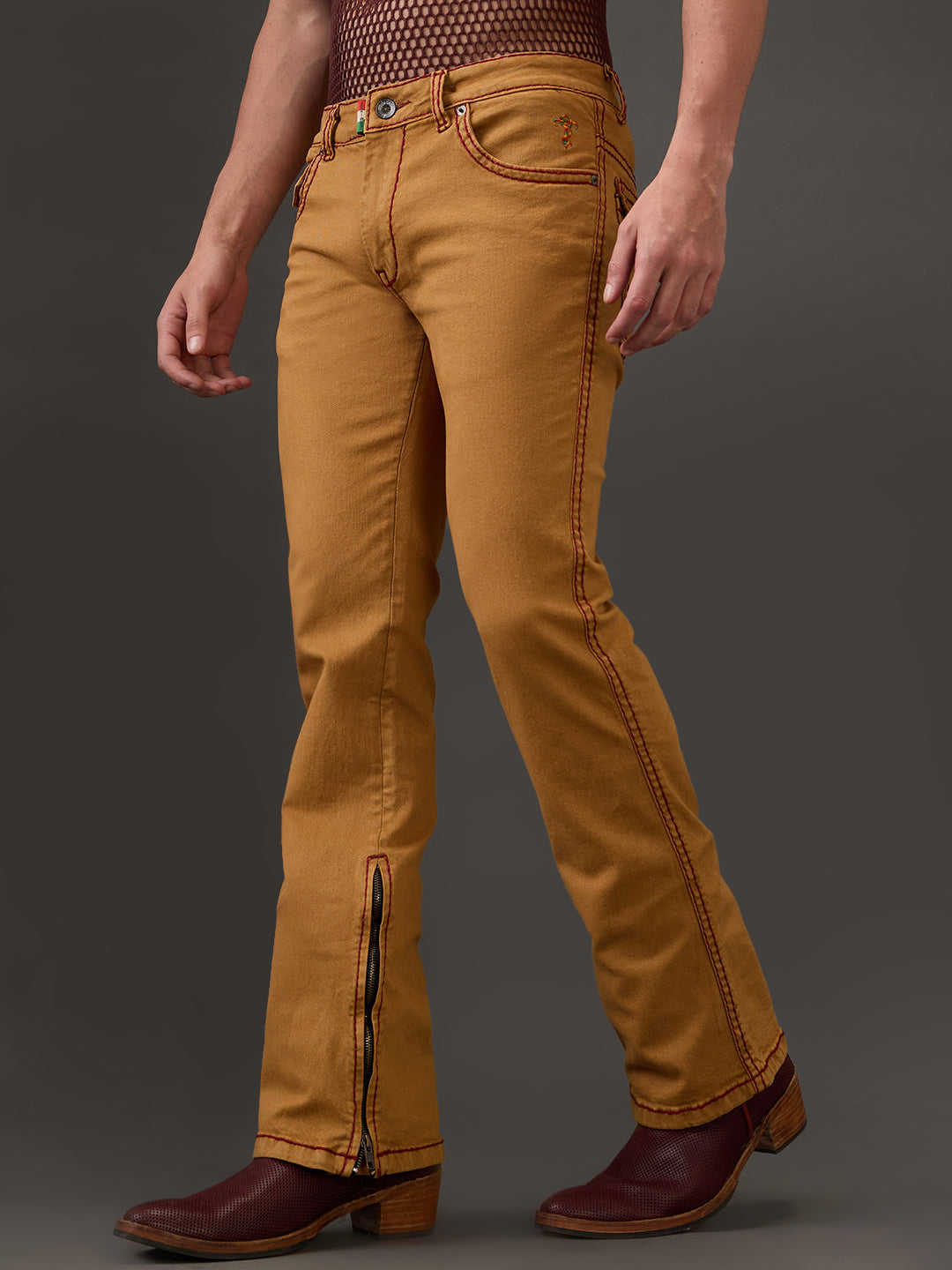 Mustard Bootcut Jeans with Maroon Saddle Stitch & Zipper Bottom