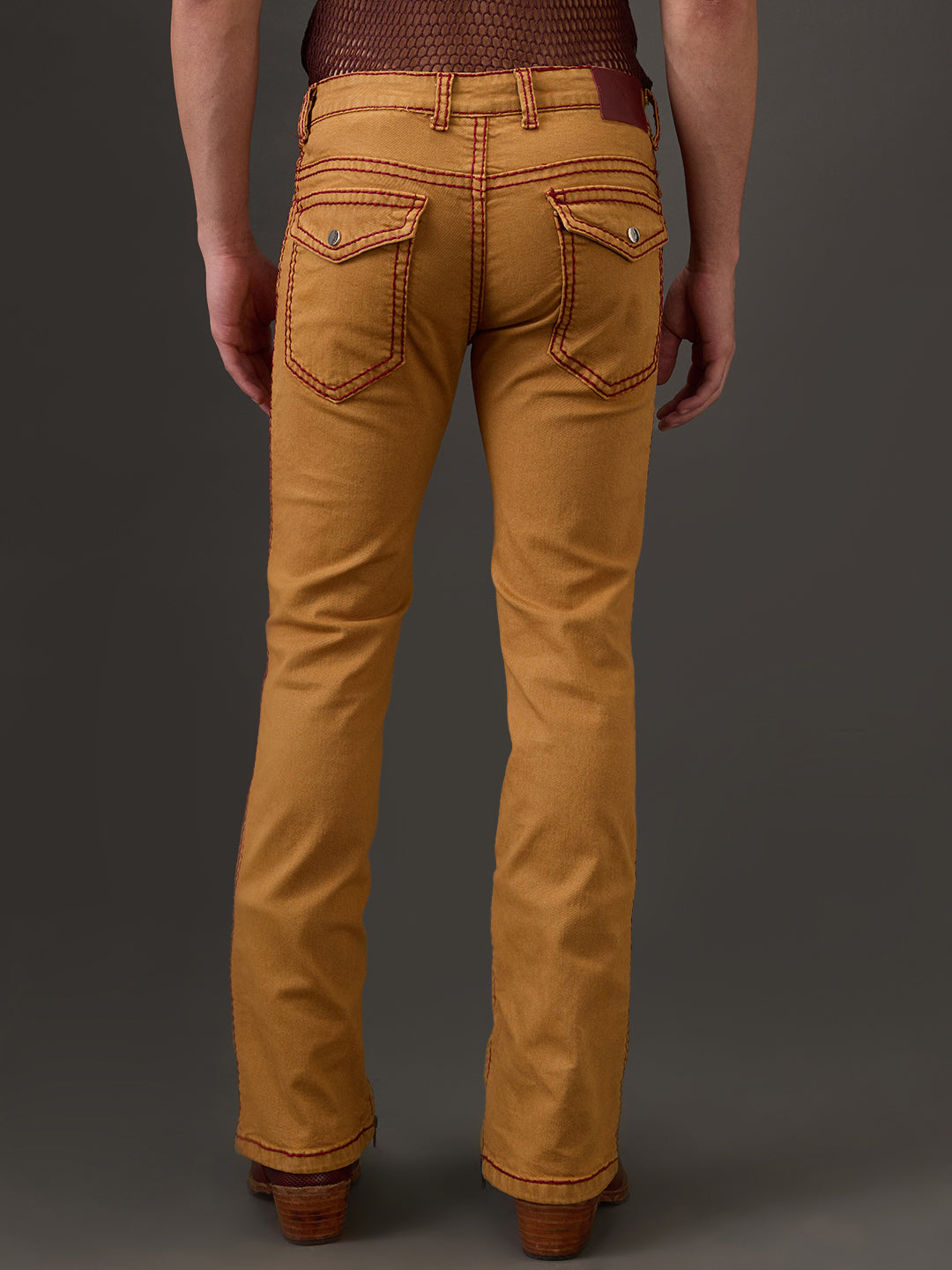 Mustard Bootcut Jeans with Maroon Saddle Stitch & Zipper Bottom
