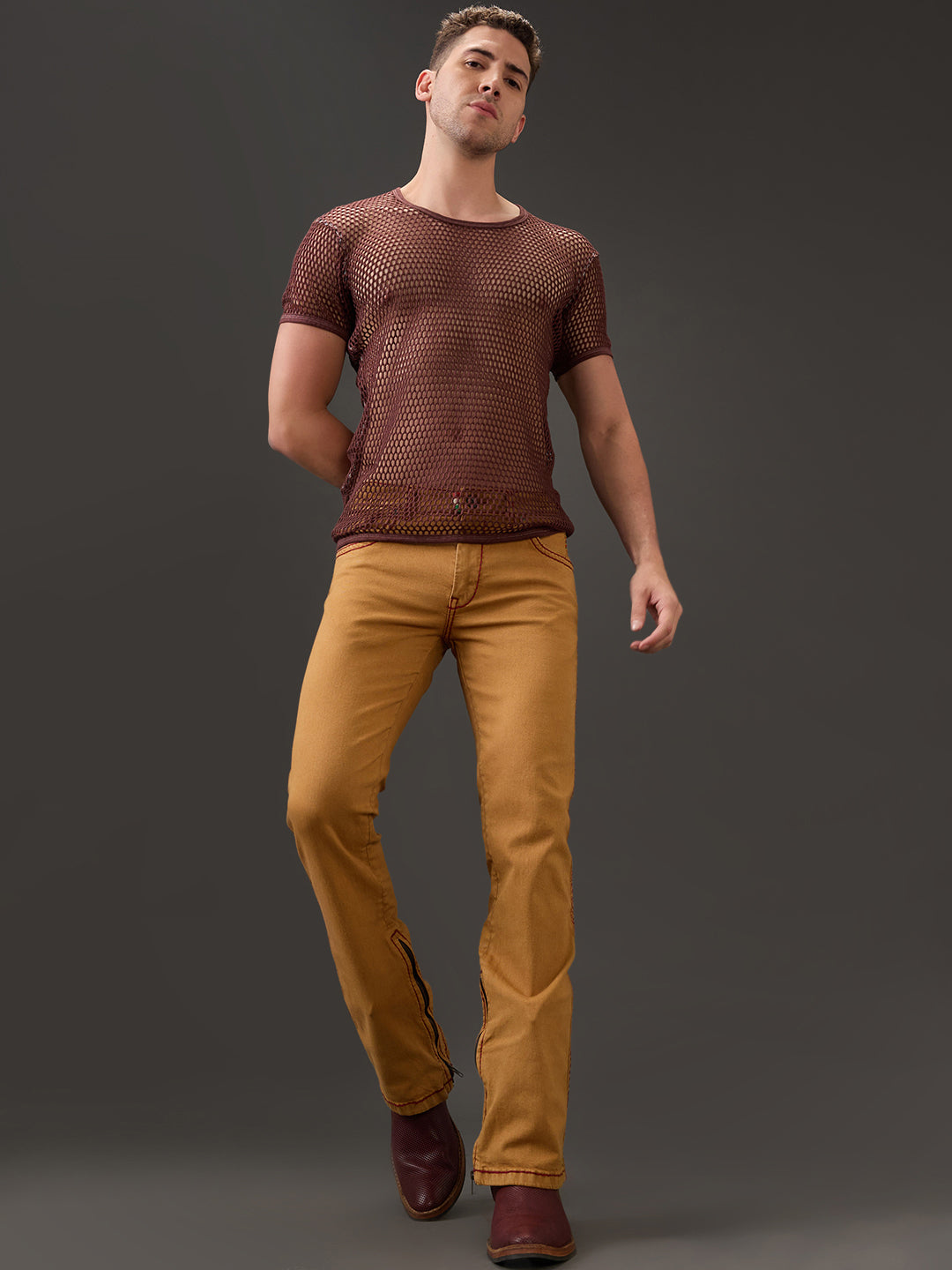 Mustard Bootcut Jeans with Maroon Saddle Stitch & Zipper Bottom