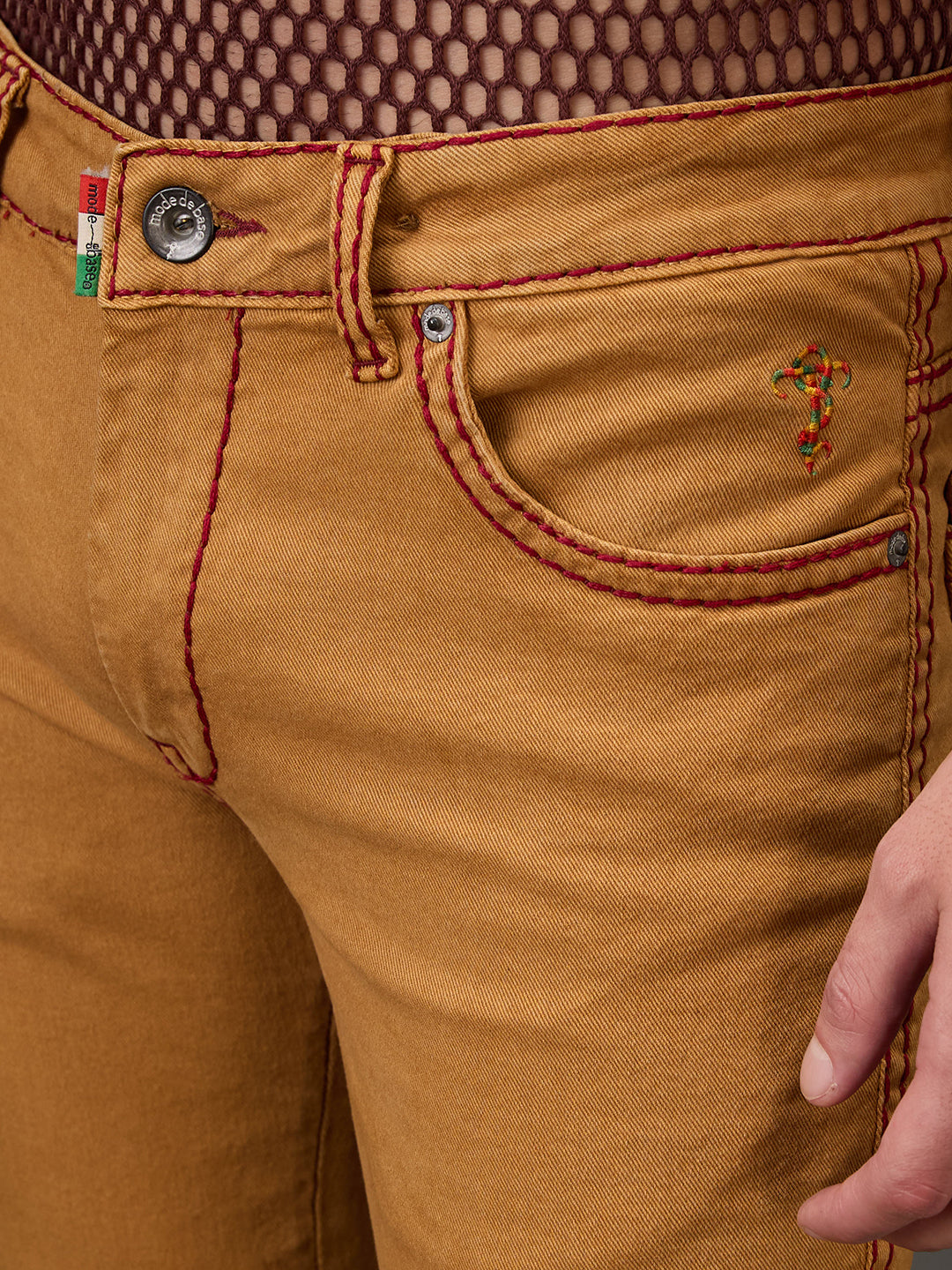 Mustard Bootcut Jeans with Maroon Saddle Stitch & Zipper Bottom