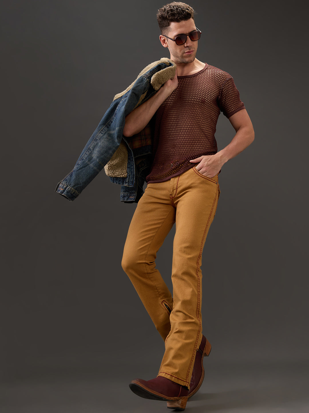 Mustard Bootcut Jeans with Maroon Saddle Stitch & Zipper Bottom