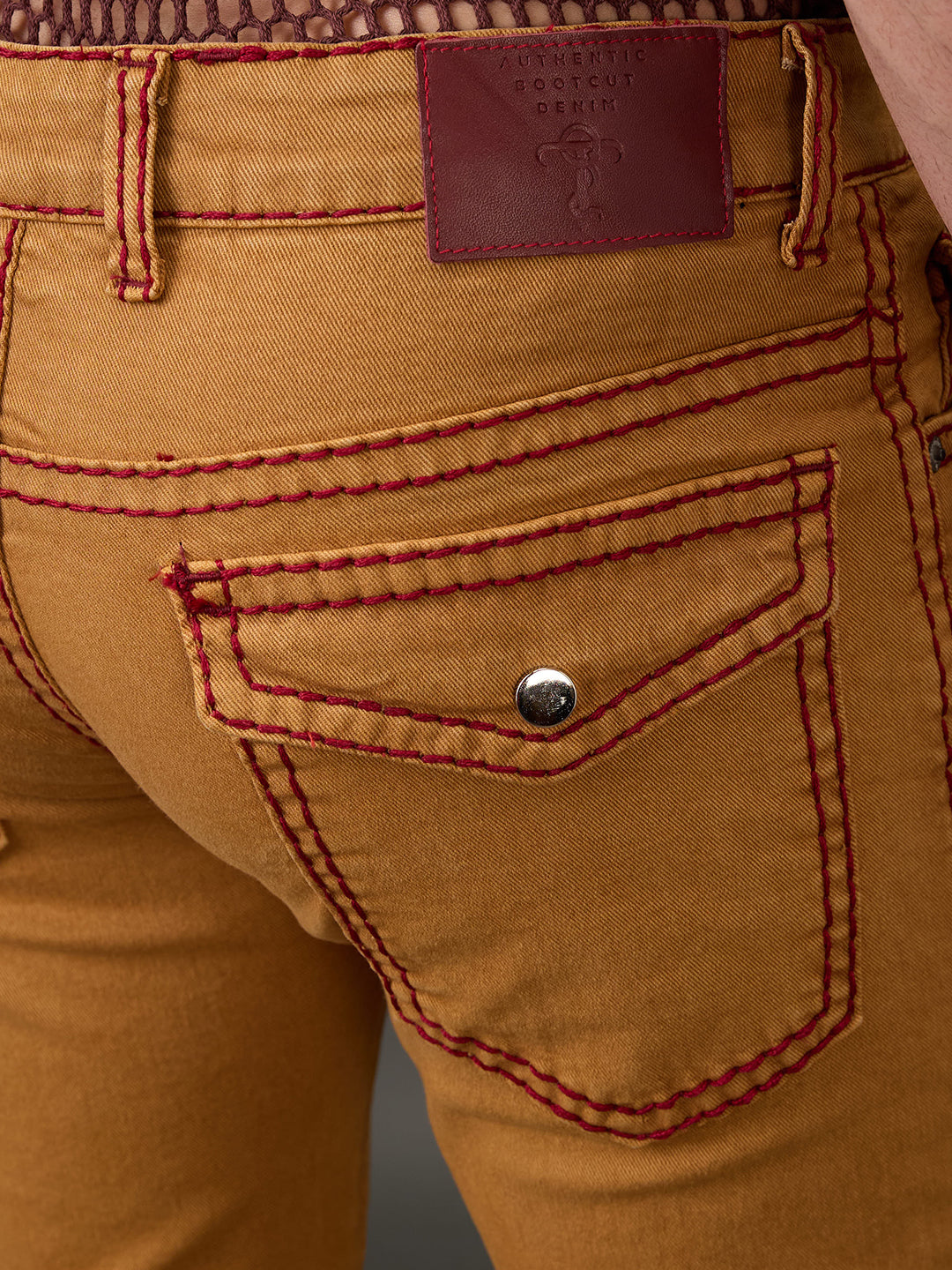 Mustard Bootcut Jeans with Maroon Saddle Stitch & Zipper Bottom