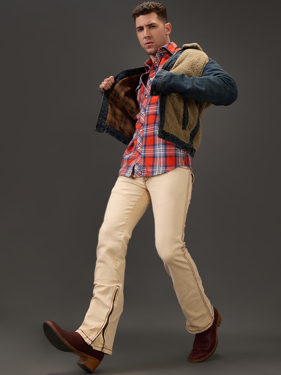 Beige Bootcut Jeans – Maroon Saddle Stitch with Zippered Bottom Detail