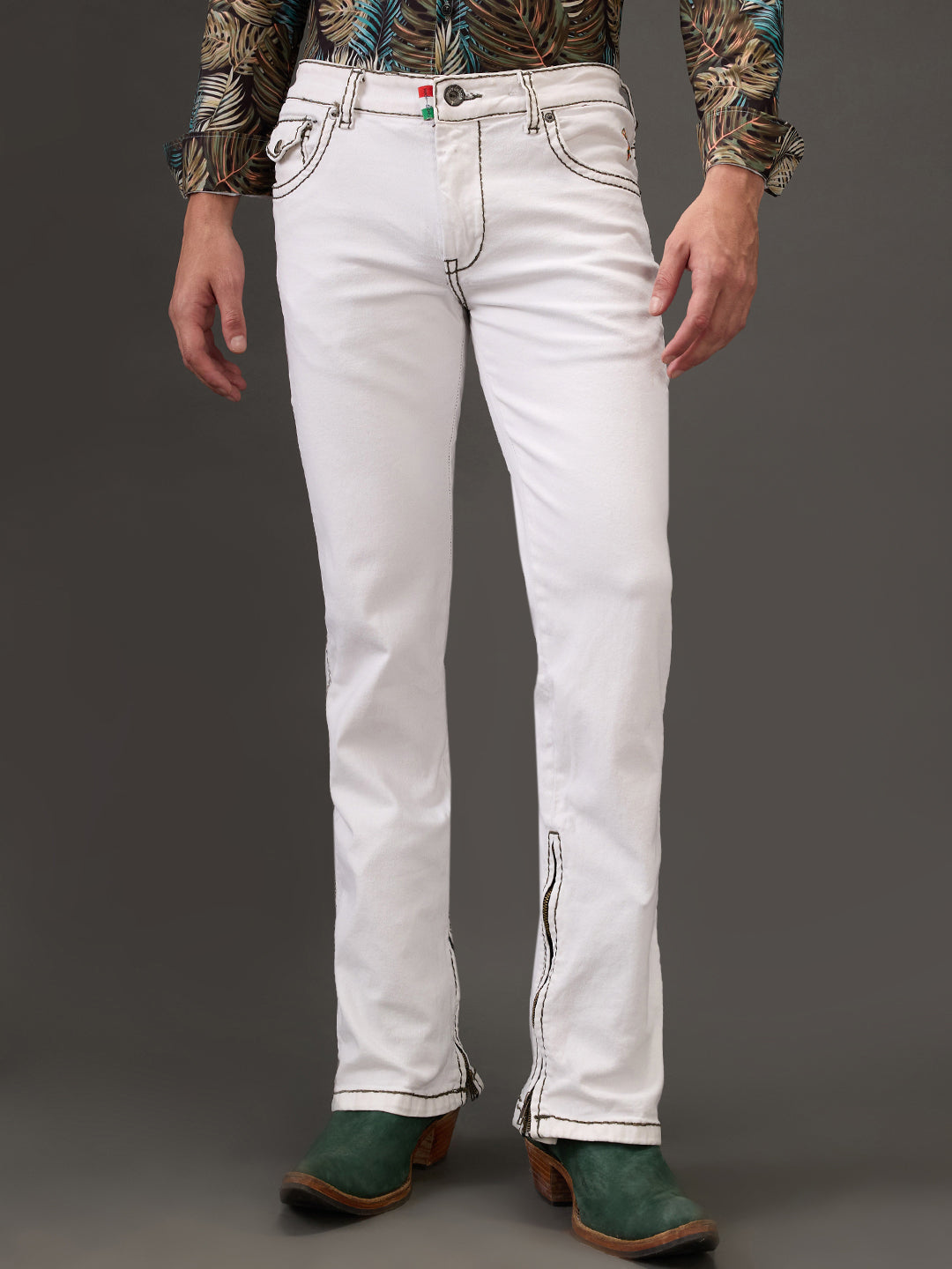 White Peak Bootcut Jeans – Bottle Green Stitching & Zippered Edge Finish