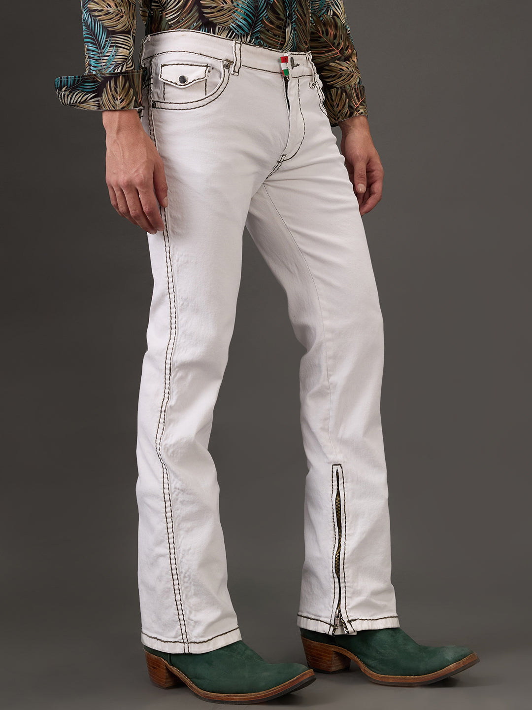 White Peak Bootcut Jeans – Bottle Green Stitching & Zippered Edge Finish