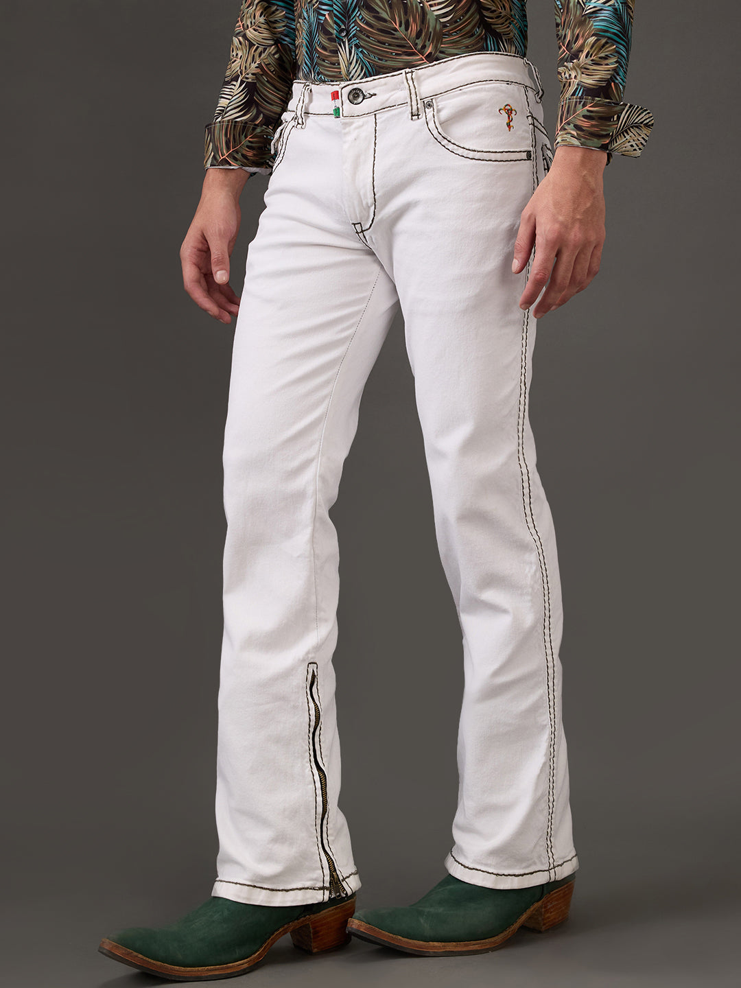 White Peak Bootcut Jeans – Bottle Green Stitching & Zippered Edge Finish