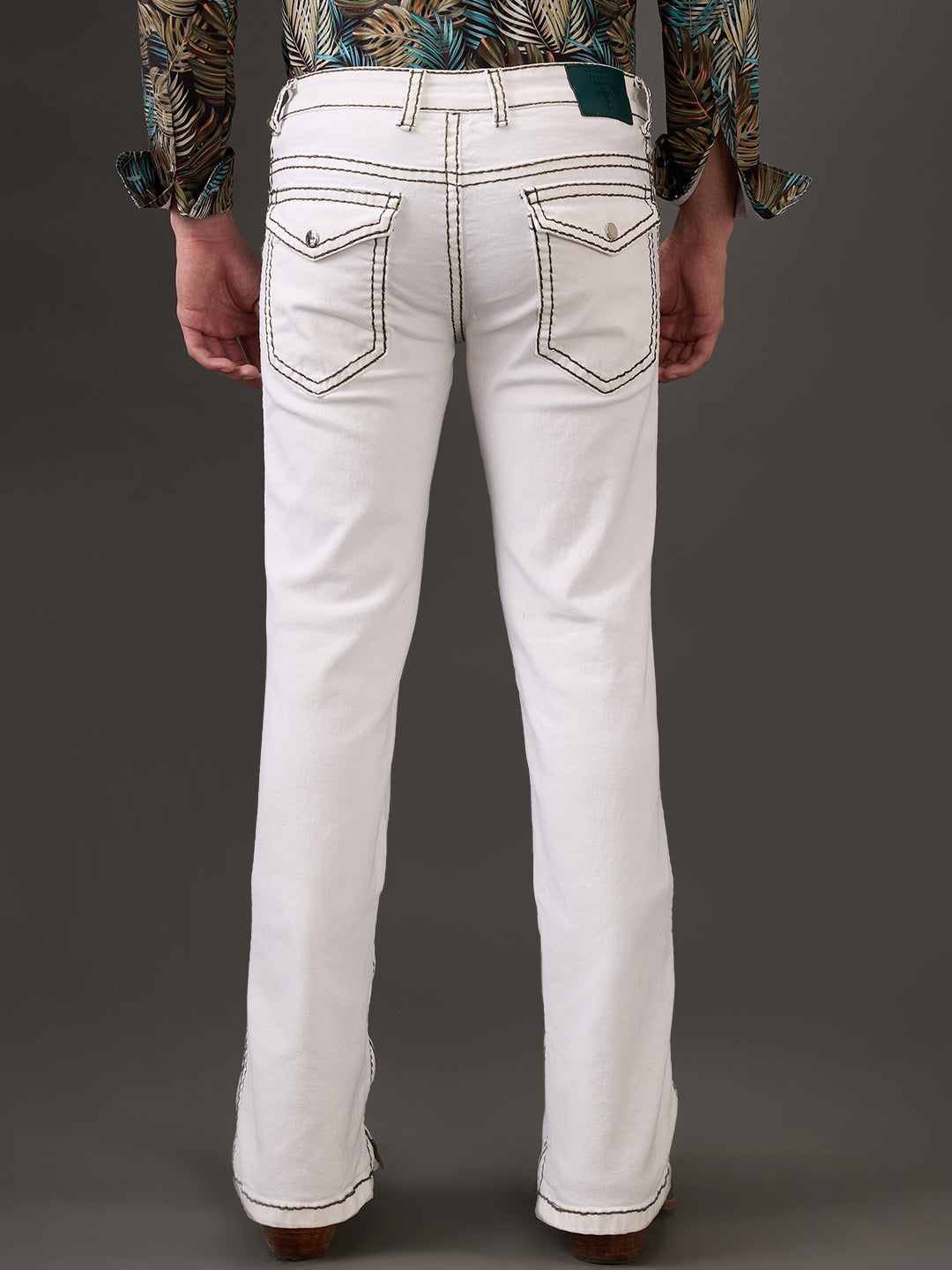 White Peak Bootcut Jeans – Bottle Green Stitching & Zippered Edge Finish