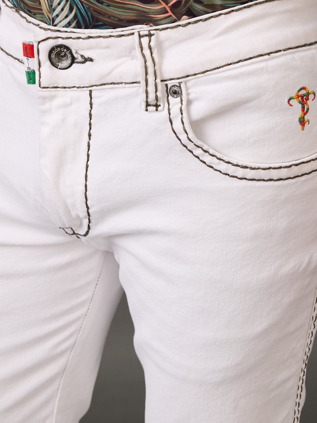 White Peak Bootcut Jeans – Bottle Green Stitching & Zippered Edge Finish