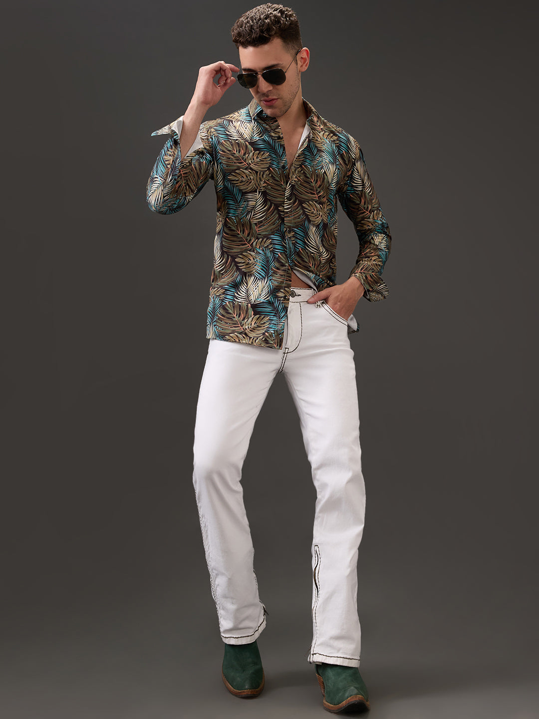 White Peak Bootcut Jeans – Bottle Green Stitching & Zippered Edge Finish