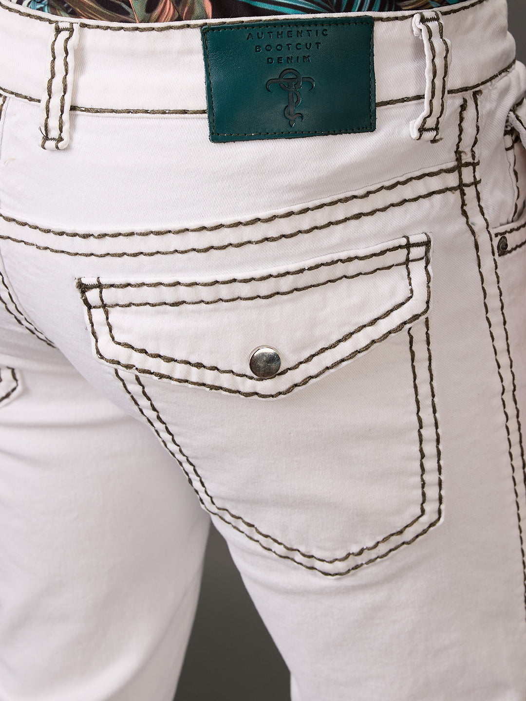 White Peak Bootcut Jeans – Bottle Green Stitching & Zippered Edge Finish